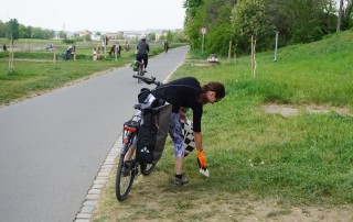 Radfahrerin beim Müllsammeln am Elberadweg